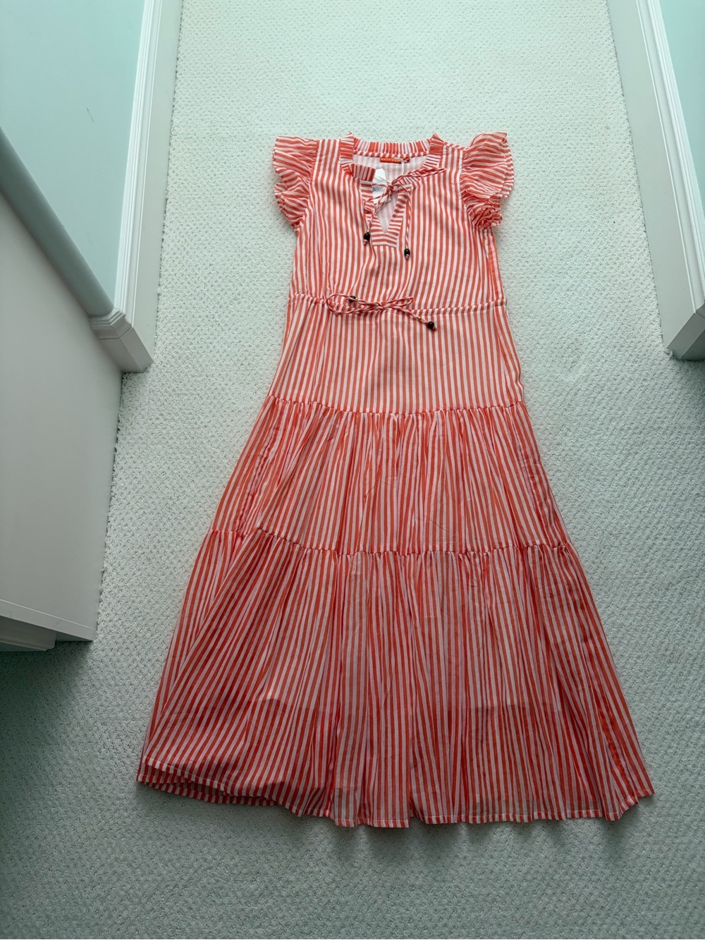 OLIPHANT NWT Cinched Flirty MIDI Playa Dress Coral White Striped $288 XXS NEW